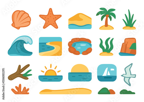 Beach nature and scenery modern flat style. seashell, starfish, sand dune, palm tree, crashing wave, shoreline, tide pool, beach grass, driftwood, seaweed, rocky cove