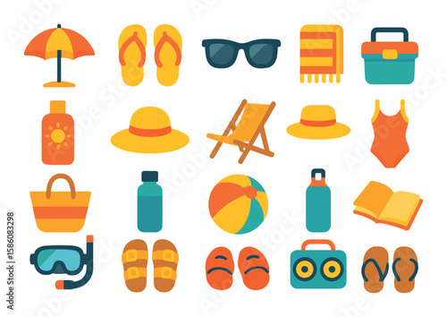 Beach essentials and accessories modern flat style. beach umbrella, flip-flops, sunglasses, beach towel, sunscreen bottle, sun hat, beach chair, cooler box, beach bag