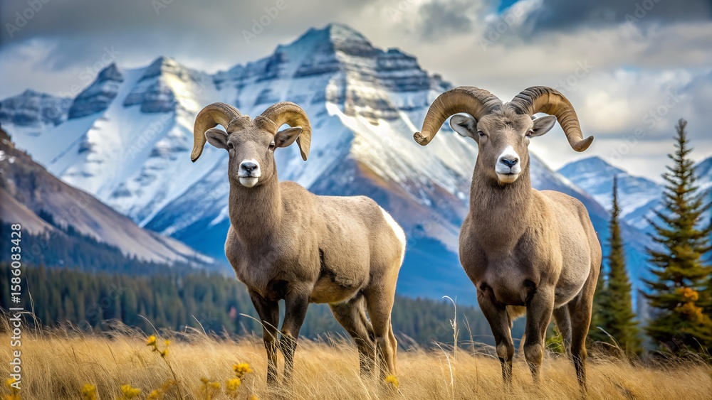 Two majestic bighorn sheep stand proudly in a meadow with snowcapped mountains behind them Two majestic bighorn sheep stand proudly in a meadow with snowcapped mountains behind them