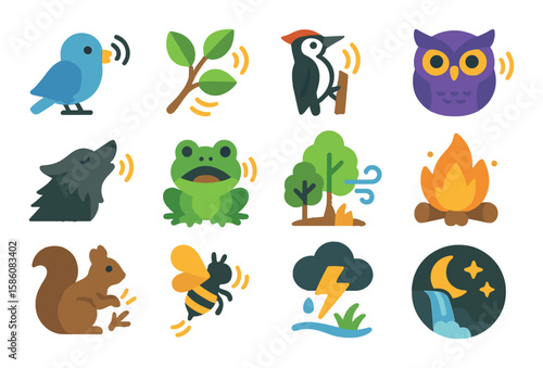 Forest sounds and signals modern flat style. bird call icon, rustling leaves, woodpecker tap, owl hoot, distant howl, frog croak, wind in trees, crackling fire, squirrel