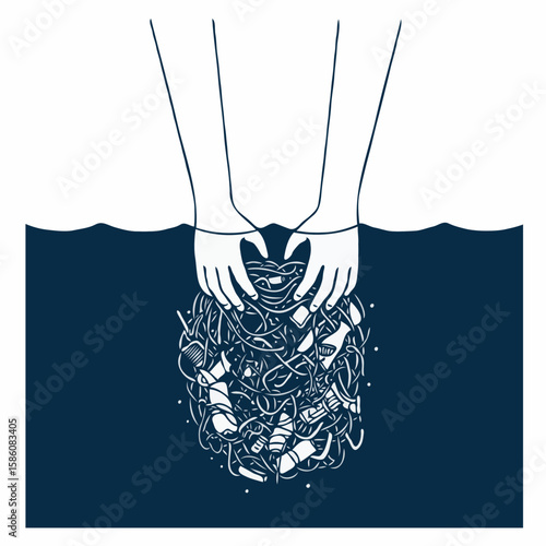 Active hands removing tangled trash from deep blue water.