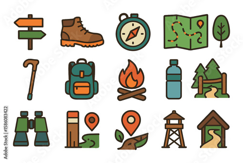 Forest exploration and hiking modern flat style. trail sign, hiking boots, compass, map with trail, walking stick, backpack, campfire, water bottle, binoculars, trail