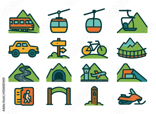 Mountain transportation and access modern flat style. mountain train, cable car, gondola lift, chairlift, off-road vehicle, hiking trail sign, bike trail, rope bridge