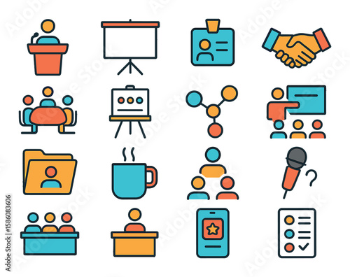 Corporate and professional events modern flat style. speaker podium, projector screen, name badge, business handshake, conference table, workshop board, networking symbol