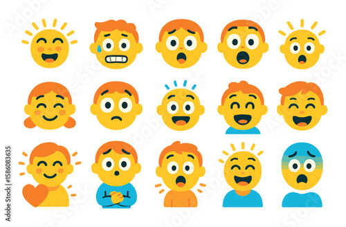 Emotions linked to surprise modern flat style. joy burst, nervous excitement, sudden fear, shocked awe, delighted face, anxious eyes, thrilled expression, tear of joy