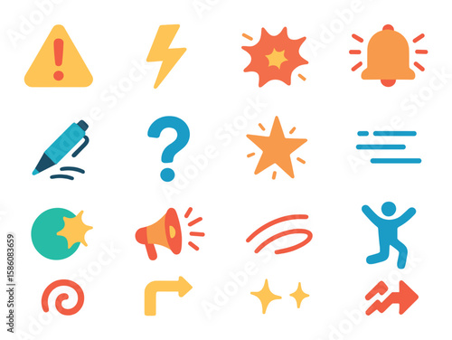 Elements of unexpected moments modern flat style. exclamation mark, lightning bolt, sudden pop, alarm icon, dropped object, question mark, exploding star, quick motion