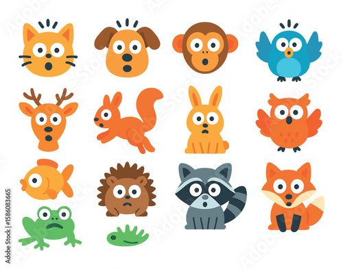 Animal reactions of surprise modern flat style. wide-eyed cat, startled dog, surprised monkey, puffed-up bird, alert deer, jumping squirrel, scared rabbit, blinking owl