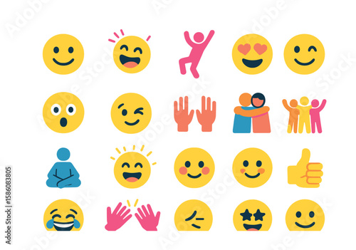 Party moods and emotions modern flat style. smiling face, laugh burst, dancing figure, heart eyes, surprised face, wink icon, raised hands, hugging friends, relaxed pose