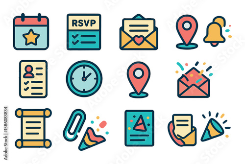Party invitations and planning modern flat style. calendar with star, RSVP card, envelope with heart, event checklist, guest list, clock icon, location pin, reminder bell