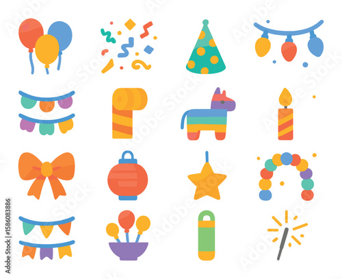 Party decorations and props modern flat style. balloons, confetti, party hat, string lights, paper garland, streamer roll, piñata, candle, ribbon bow, lantern, hanging
