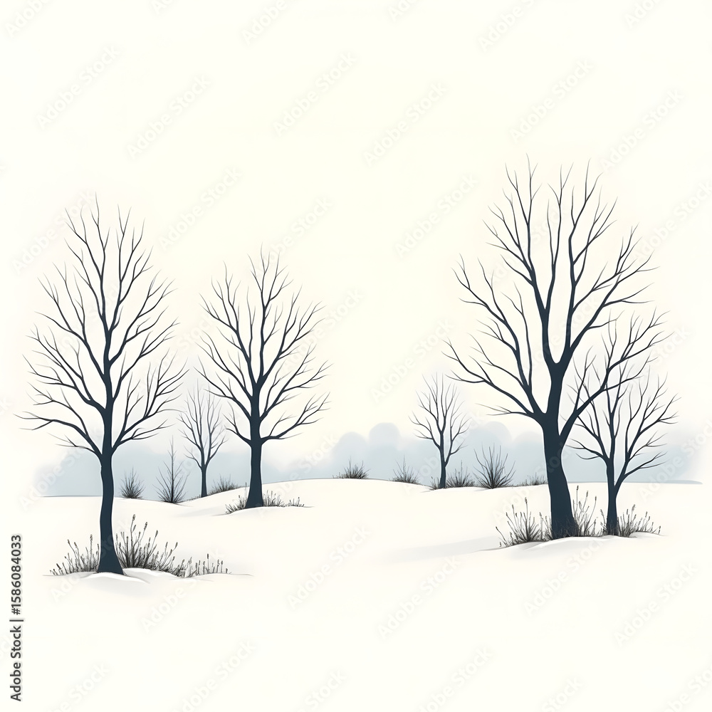 Fototapeta premium Bare Trees in Snowy Landscape Winter Scene