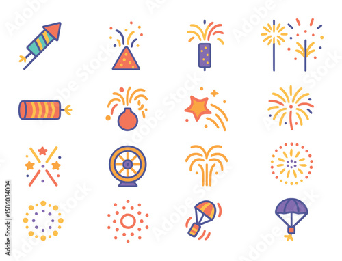 Types of fireworks modern flat style. rocket, fountain, roman candle, sparkler, firecracker, aerial shell, comet, mine, crossette, wheel, palm burst, peony burst, strobe