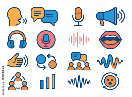 Communication and verbal elaboration modern flat style. person talking, dialogue icon, microphone, megaphone, headphones, podcast symbol, voice wave, mouth icon