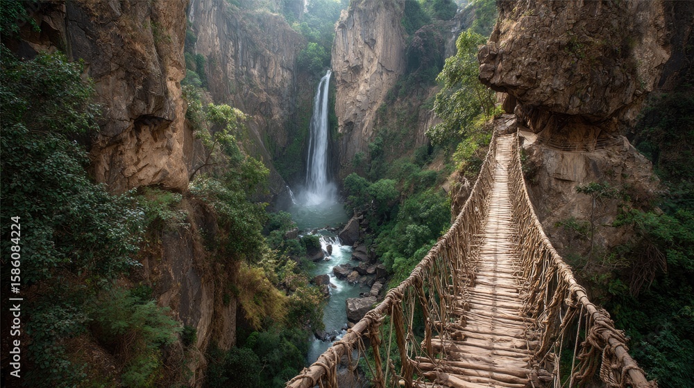 Obraz premium Cliffside rope bridge over waterfall