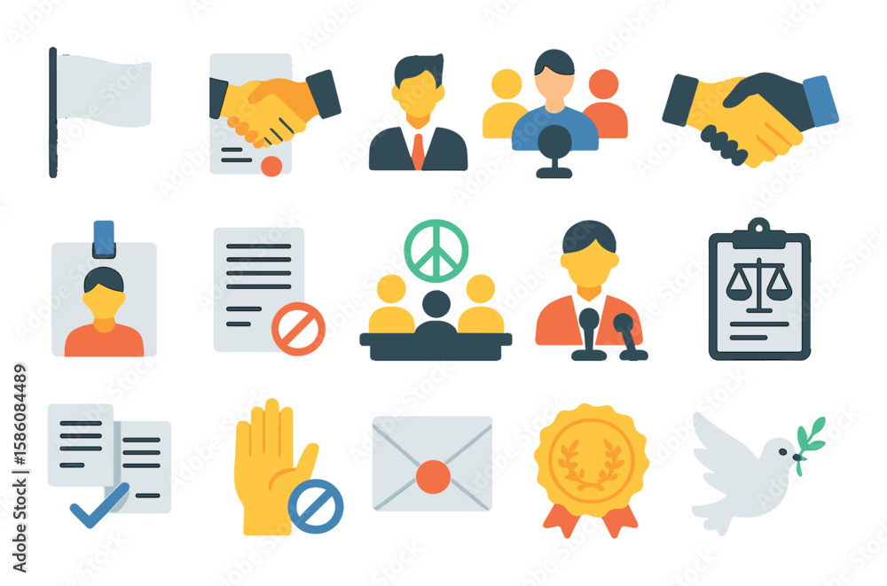 Political neutrality and diplomacy modern flat style. neutral flag, international agreement, third-party mediator, handshake icon, observer badge, non-aligned document Political neutrality and diplomacy modern flat style. neutral flag, international agreement, third-party mediator, handshake icon, observer badge, non-aligned document