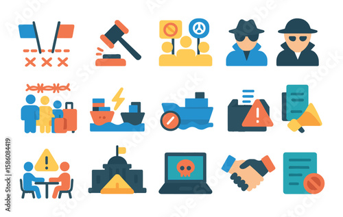 Challenges in foreign policy modern flat style. border dispute, sanction icon, international protest, spy conflict, refugee crisis, trade war, embargo symbol, election