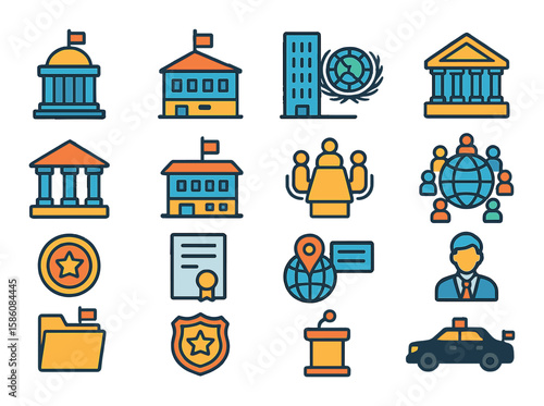 Government bodies and foreign institutions modern flat style. foreign ministry, consulate, UN building, national assembly, international court, embassy office, security