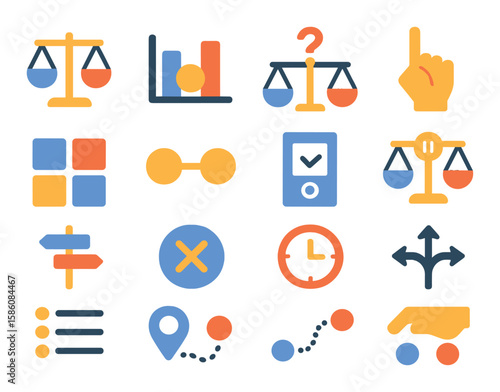 Decision-making in neutrality modern flat style. balanced choice icon, no bias chart, scale with question mark, hand not pointing, decision grid, even options, neutral