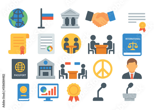 Core elements of foreign policy modern flat style. globe icon, national flag, embassy building, handshake, treaty scroll, policy document, negotiation table