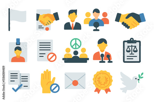 Political neutrality and diplomacy modern flat style. neutral flag, international agreement, third-party mediator, handshake icon, observer badge, non-aligned document