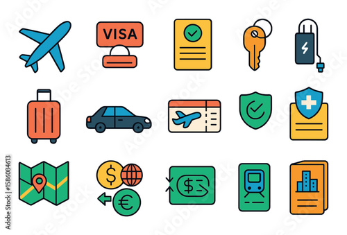Diplomatic travel and logistics modern flat style. airplane, visa stamp, travel itinerary, hotel key, suitcase, embassy car, boarding pass, customs form, road map