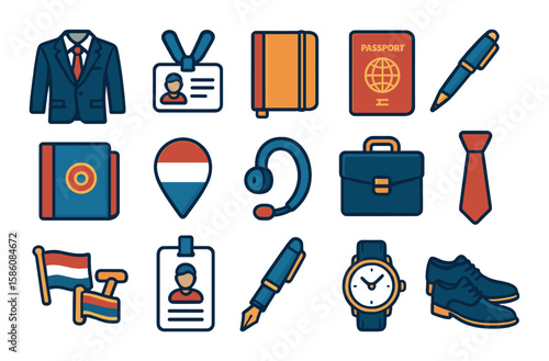 Diplomatic attire and items modern flat style. formal suit, name badge, pocket notebook, diplomatic passport, pen, presentation folder, national pin, translator earpiece