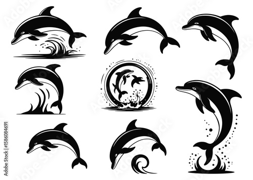 Set of eight black dolphin silhouettes in dynamic poses including jumping, swimming, and circular formation, symbolizing marine elegance on white background