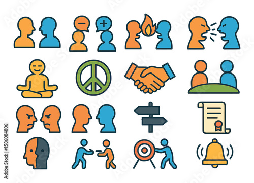 Conflict and resolution modern flat style. debate icon, opposing views, conflict flame, raised voices, calming symbol, peace icon, compromise handshake, common ground