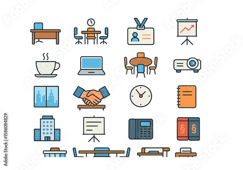Business environment and negotiation settings modern flat style. office table, meeting room, name tag, presentation board, coffee cup, laptop, chairs around table
