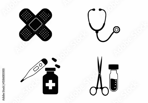 Medical First Aid Kit Vector Icons - Bandage, Stethoscope, Medicine, Surgical Tool Set
