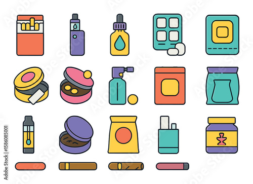 Products containing nicotine modern flat style. cigarette box, vape device, e-liquid dropper, gum blister pack, nicotine pouch can, lozenge tin, spray tube, patch pack