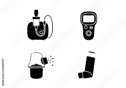 Medical Devices Vector Icon Set - Nebulizer, Spirometer, Inhaler, & Humidifier Graphics
