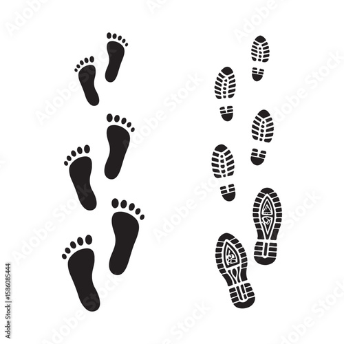 Human foot and shoe print icons set vector illustration isolated on white background.