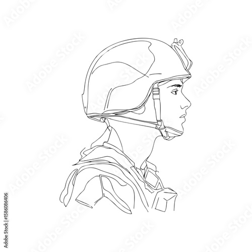 Side profile of young male soldier in helmet, minimalist black contour style for military service themes, veteran support campaigns, or remembrance visuals. Abstract vector on transparent background.