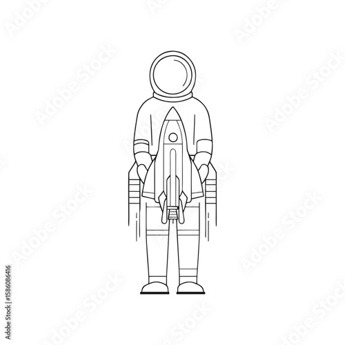 Front view of space engineer in spacesuit holding rocket, black minimalist line illustration for STEM projects, space education content, or science exhibitions. Flat doodle on transparent background.