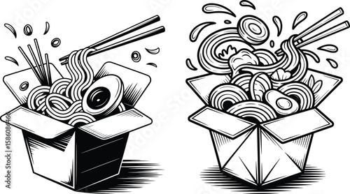 Takeout Noodles Box Illustration, Asian Food Silhouette with Chopsticks.

