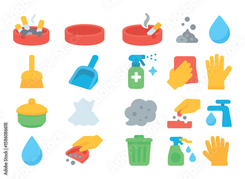 Ashtray and cleanliness modern flat style. overflowing tray, empty tray, tray with smoke, scattered ash, cleaning brush, dustpan, sanitizer spray, cloth wipe, tray with