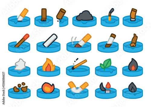 Objects inside ashtrays modern flat style. cigarette butt, cigar stub, ash pile, burned matchstick, match head, filter tip, half-burnt cigarette, roach, paper ash