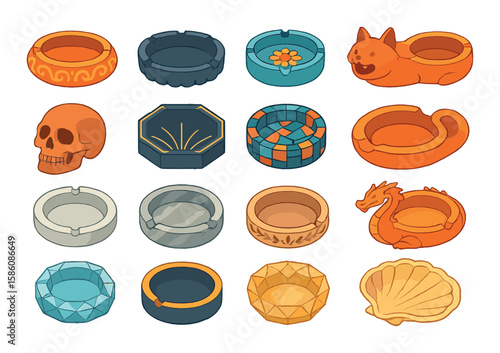 Decorative ashtrays modern flat style. ornate design, carved edge, floral pattern, animal shape, skull form, art deco style, mosaic finish, abstract shape, minimalist