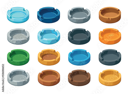 Ashtray materials and textures modern flat style. glass surface, ceramic glaze, metal shine, wood base, stone grain, crystal edge, matte finish, high gloss, recycled