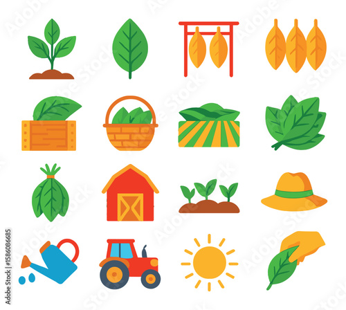 Tobacco leaf and farming modern flat style. tobacco plant, tobacco leaf, drying rack, cured leaves, wooden crate, harvest basket, farm field, leaf pile, bundle of leaves