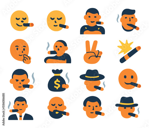 Emotions and cigar symbolism modern flat style. pride face, calm expression, power pose, confidence icon, thoughtful gaze, relaxed gesture, victory hand, celebration