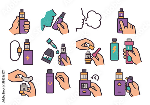 Vape usage actions modern flat style. hand holding vape, mouth inhale, cloud exhale, pressing button, charging device, filling tank, changing coil, adjusting wattage