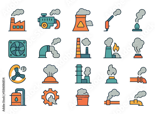 Industrial and mechanical smoke modern flat style. factory stack, diesel engine, coal power plant, welding smoke, exhaust fan, ventilation duct, smokestack, gas burner