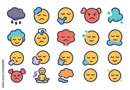 Smoke and emotion symbols modern flat style. stress cloud, sad with smoke, calm face exhale, angry puff, dreamy fog, confusion swirl, overwhelmed icon, chill aura, sleepy