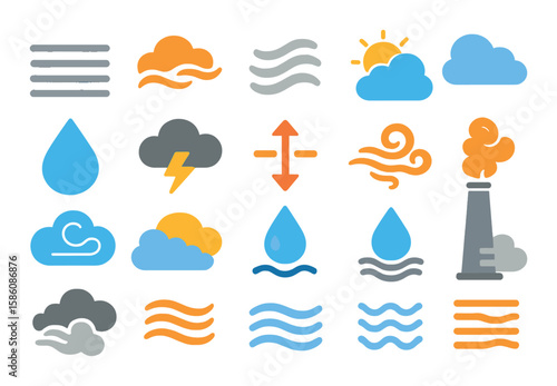 Smoke and weather elements modern flat style. fog, mist cloud, smoky wind, haze, cloudy sun, morning dew, stormy sky, air pressure icon, smoky breeze, weather swirl