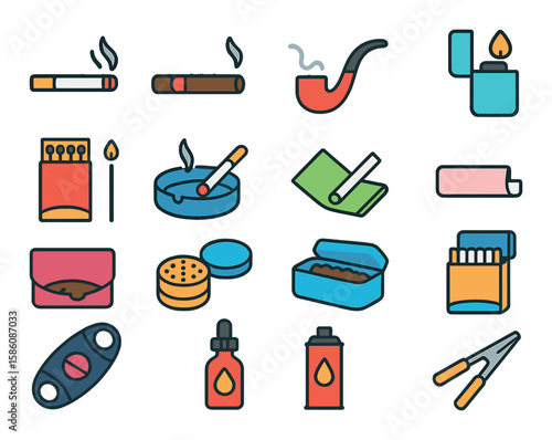 Smoking accessories modern flat style. cigarette, cigar, pipe, lighter, matchbox, ashtray, rolling papers, filter tip, tobacco pouch, grinder, snuff box, cigarette case