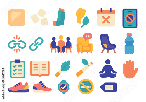 Anti-smoking tools and support modern flat style. nicotine patch, gum, inhaler, quit calendar, broken chain, support group, therapy chair, mobile app, checklist, journal