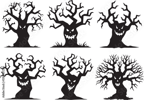 Vector art of spooky Halloween trees with scary faces isolated on white background