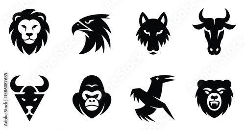 Collection of eight black animal head silhouettes including eagle, wolf, bull, bear, gorilla, and bird designs on white background